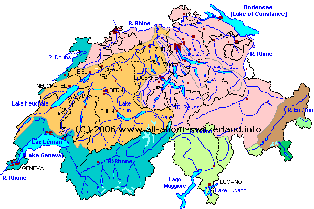 Map of Switzerland: Rivers, Lakes, Glaciers