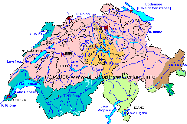 Map of Switzerland: Rivers Reuss, Kleine Emme
