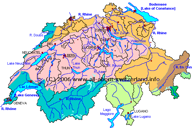Map of Switzerland: Rivers, Lakes, Glaciers