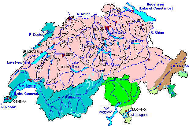 Map of Switzerland: Rivers Ticino, Maggia